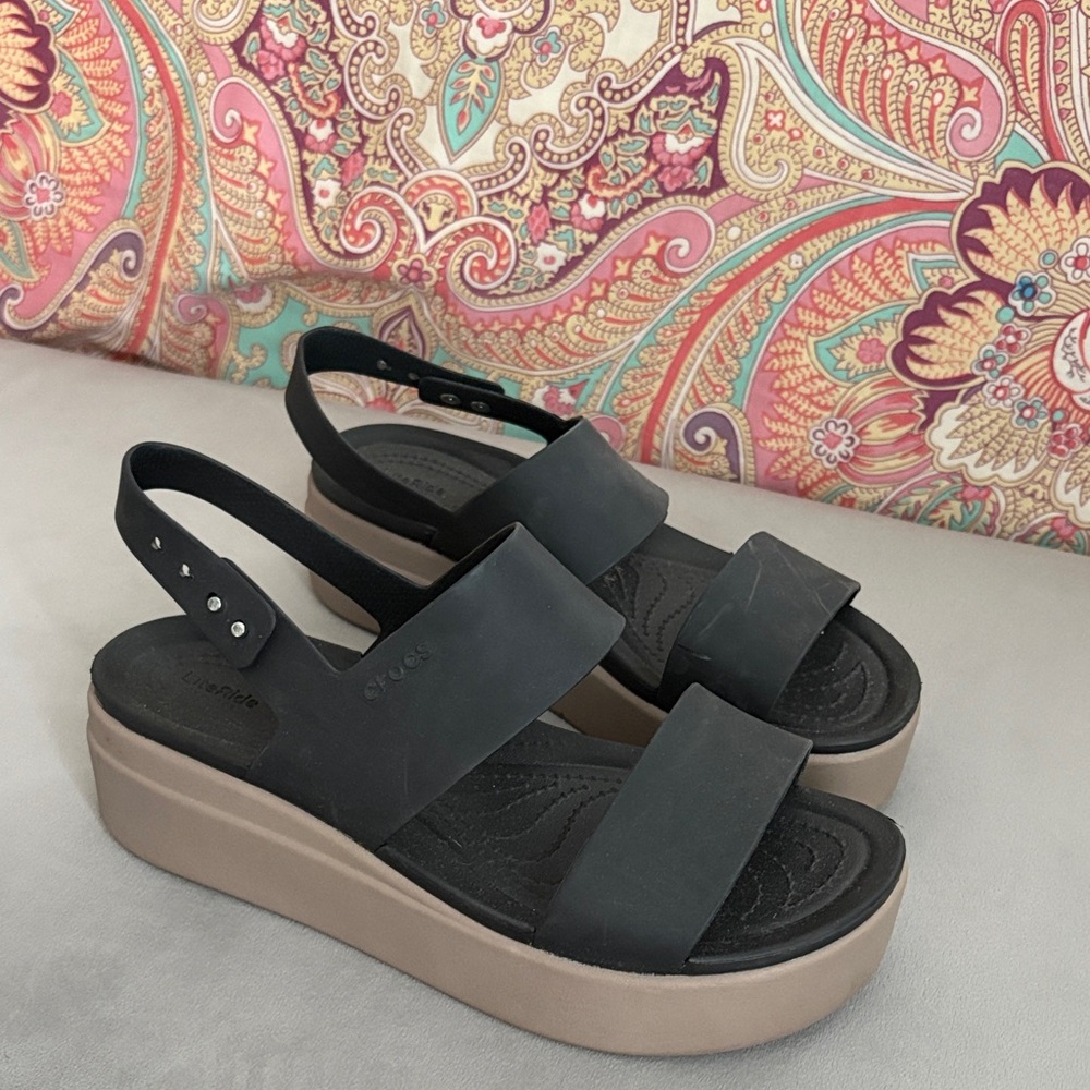 CROCS Black Platform Sandals with Tan Sole